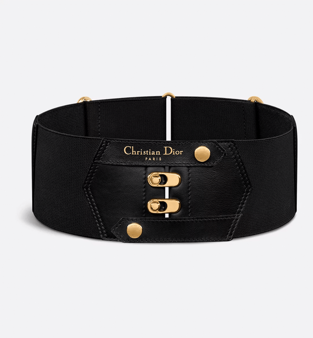 Dior Chase Belt in black calfskin and elastic with gold-finish Christian Dior Paris signature, corset-style hooks, and adjustable back.