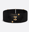 Dior Chase Belt in black calfskin and elastic with gold-finish Christian Dior Paris signature, corset-style hooks, and adjustable back.