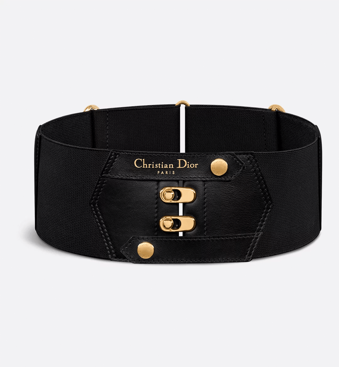Dior Chase Belt in black calfskin and elastic with gold-finish Christian Dior Paris signature, corset-style hooks, and adjustable back.