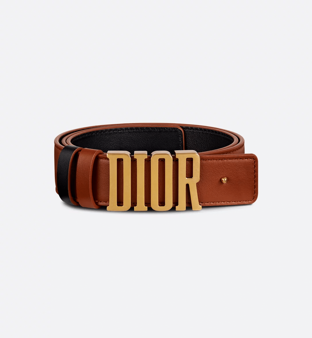 Dior D-Fence Belt in reversible calfskin with a removable Dior buckle, antique gold-finish detailing, and two removable loops for a customizable look.