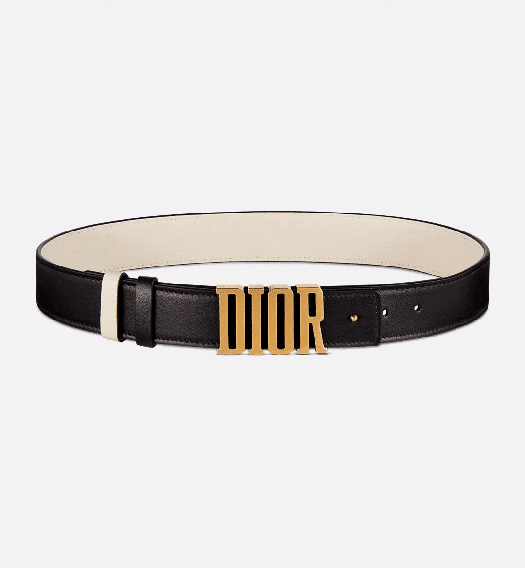 Dior D-Fence Belt in reversible black and latte calfskin with a removable Dior buckle and antique gold-finish detailing for a versatile, elegant look.