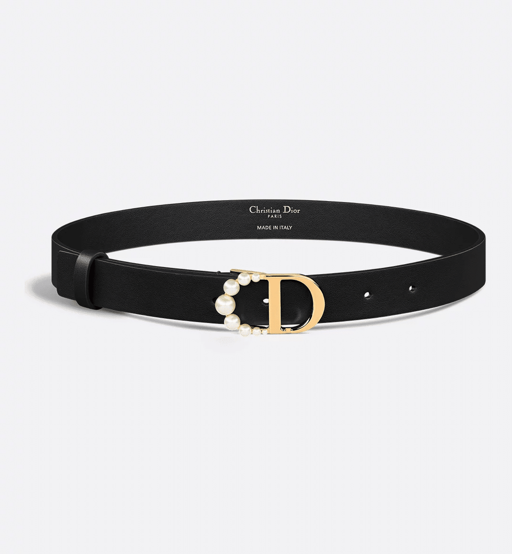 Dior 30 Montaigne Belt in black calfskin with a gold-finish CD buckle and white resin pearl embellishments for a timeless, elegant style.