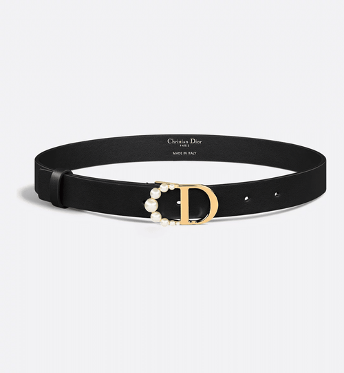 Dior 30 Montaigne Belt in black calfskin with a gold-finish CD buckle and white resin pearl embellishments for a timeless, elegant style.