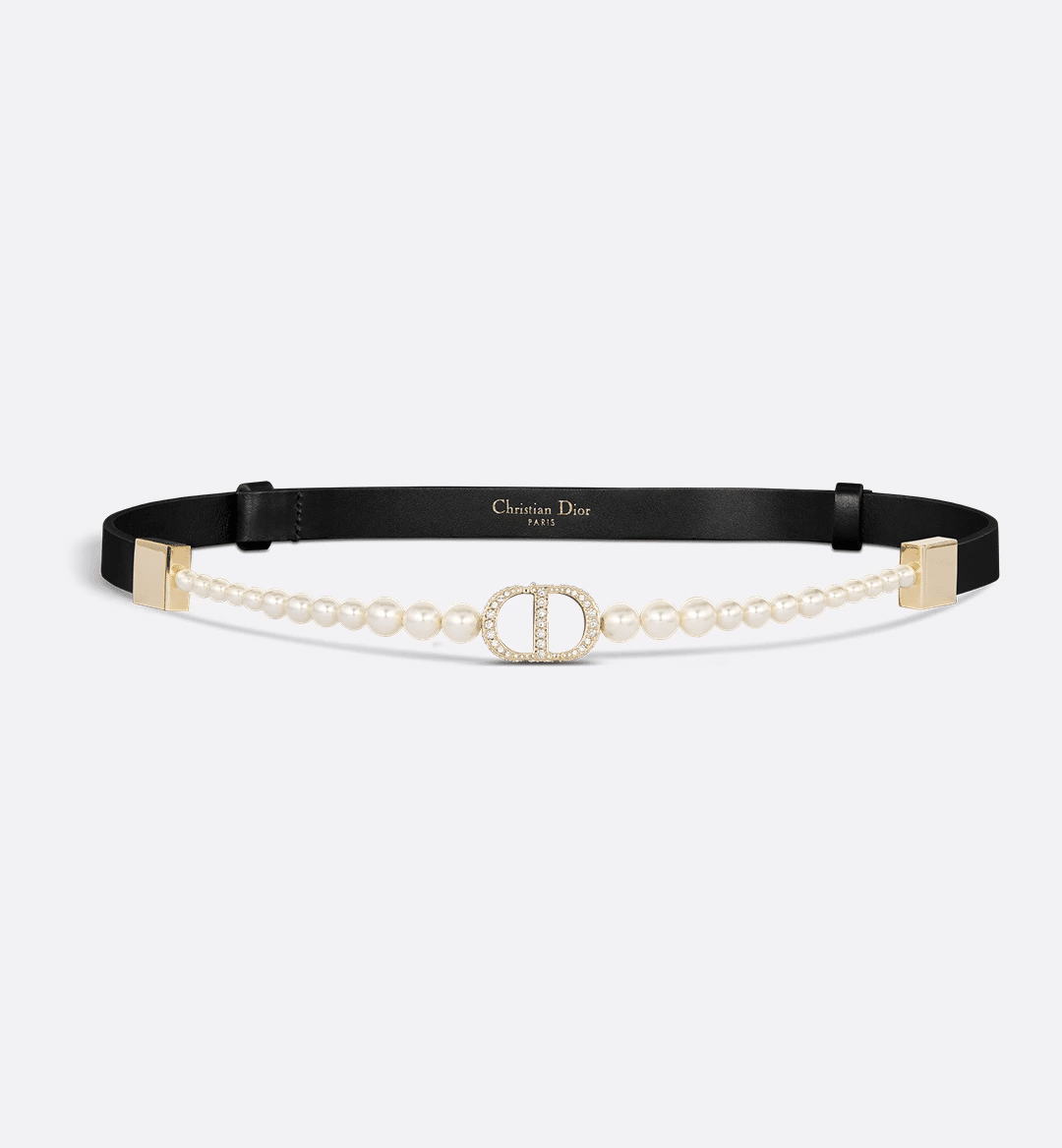 Dior 30 Montaigne Pearls Belt in black calfskin with a Swarovski® crystal-embellished CD buckle and white resin pearl detailing for a timeless, luxurious style.