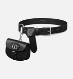 Dior Symbol Belt in black calfskin with a CD-engraved silver-finish pin buckle and a removable Dior Bobby pouch for a functional yet stylish accessory.