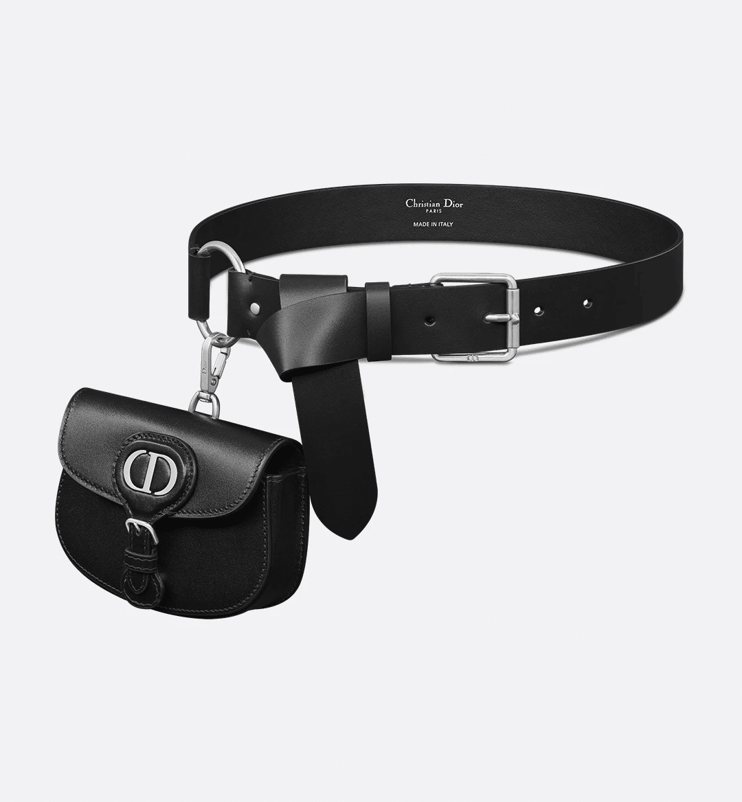 Dior Symbol Belt in black calfskin with a CD-engraved silver-finish pin buckle and a removable Dior Bobby pouch for a functional yet stylish accessory.
