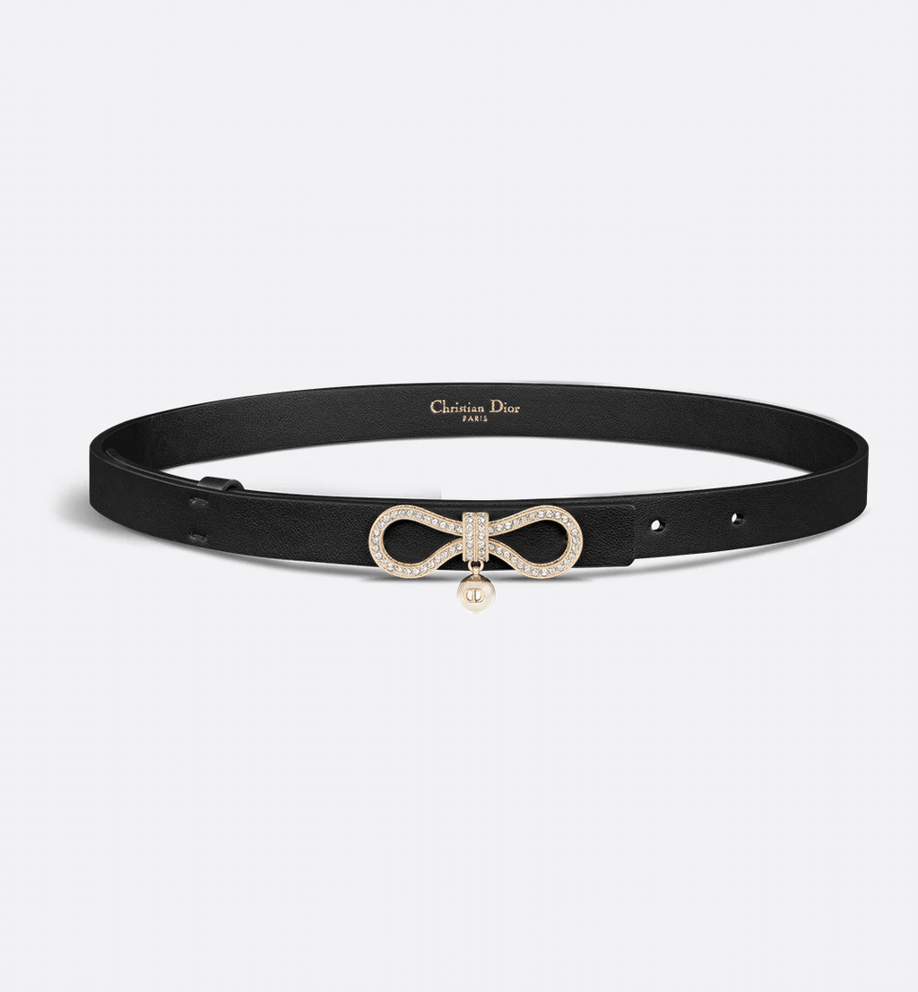 Dior Le Nœud de Dior Belt in black calfskin with a crystal-encrusted pale gold buckle and white CD resin pearl.