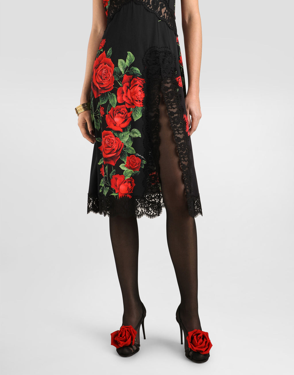 Rose-print charmeuse dress