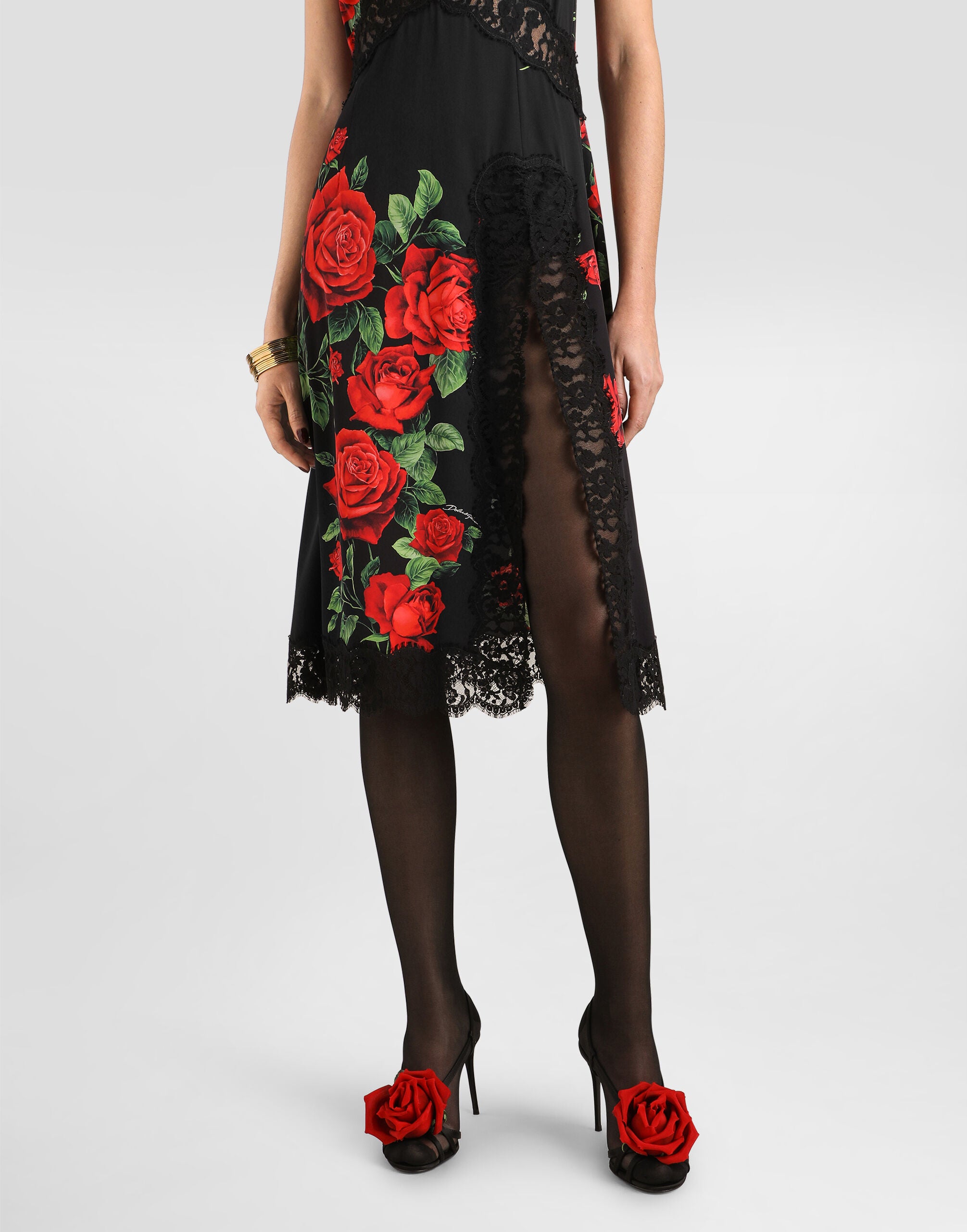 Rose-print charmeuse dress