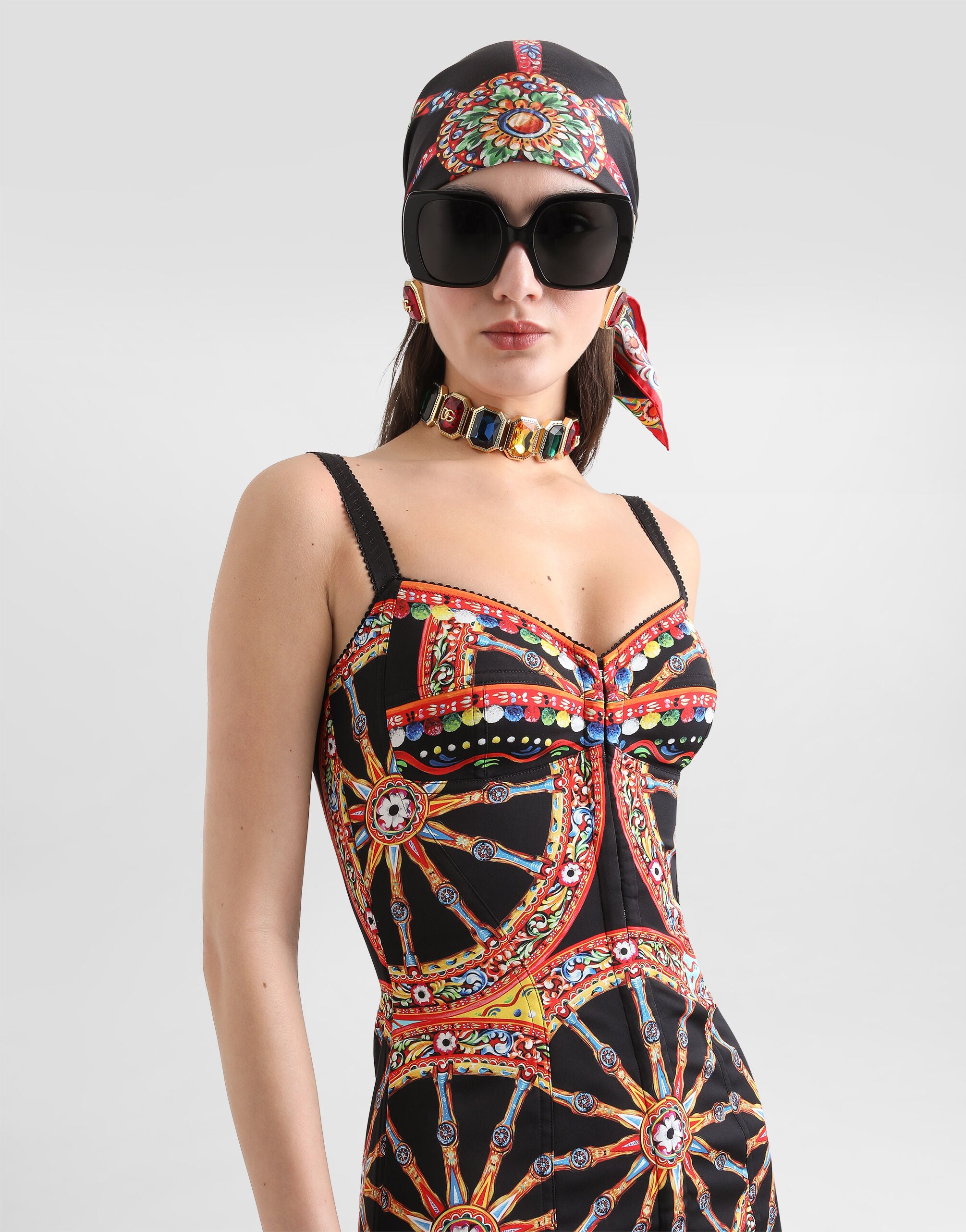 Carretto-print short charmeuse dress