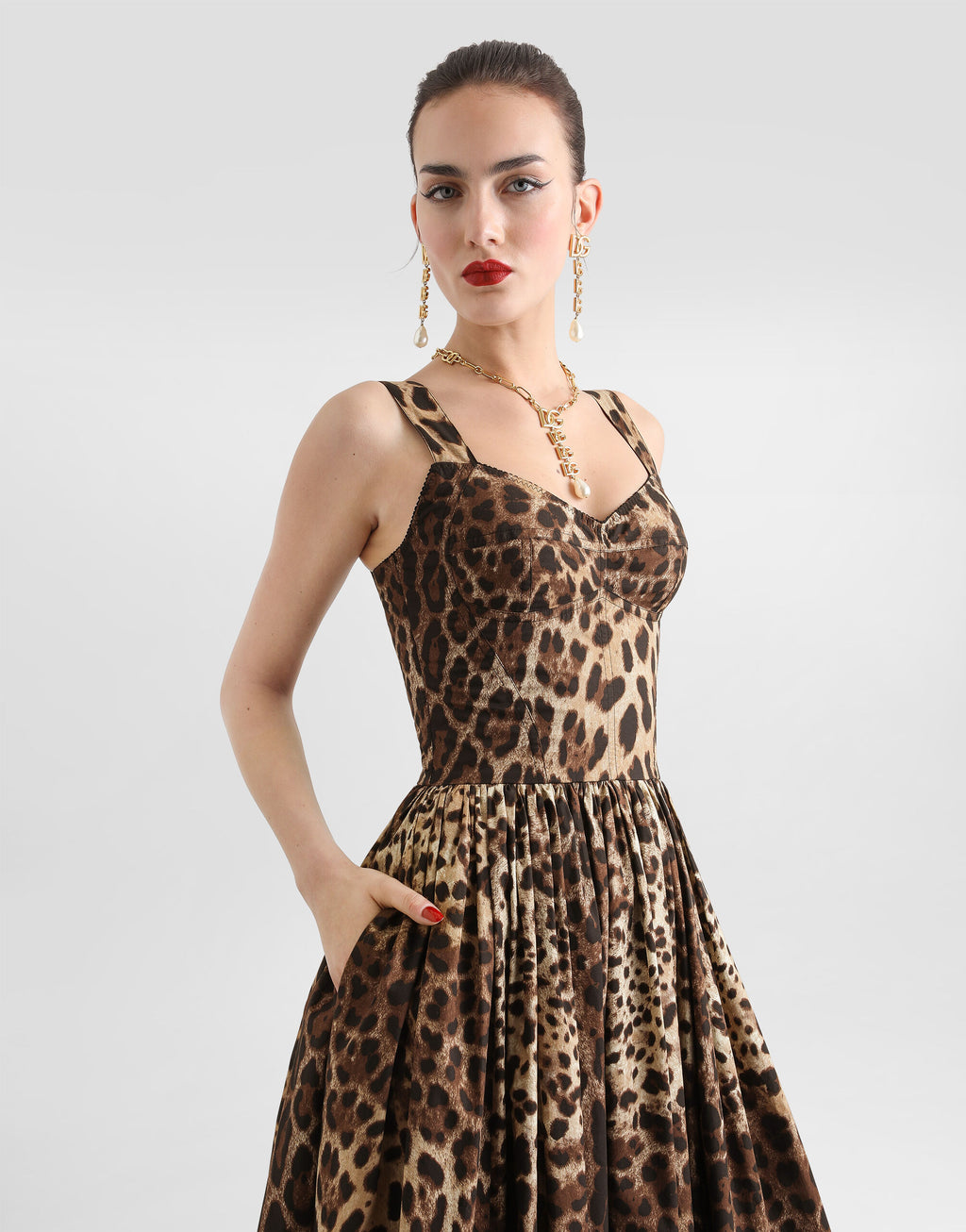 Leo-print poplin dress
