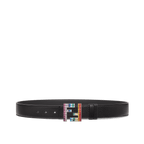 Fendi FF Buckle in palladium-finish metal with multicolor zircons, paired with a reversible black leather belt for a customizable, luxury look.