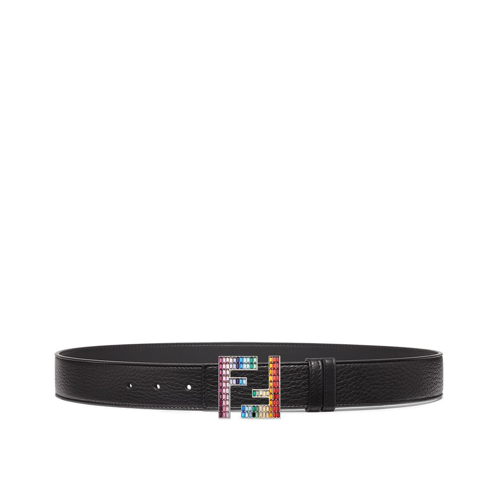 Fendi FF Buckle in palladium-finish metal with multicolor zircons, paired with a reversible black leather belt for a customizable, luxury look.