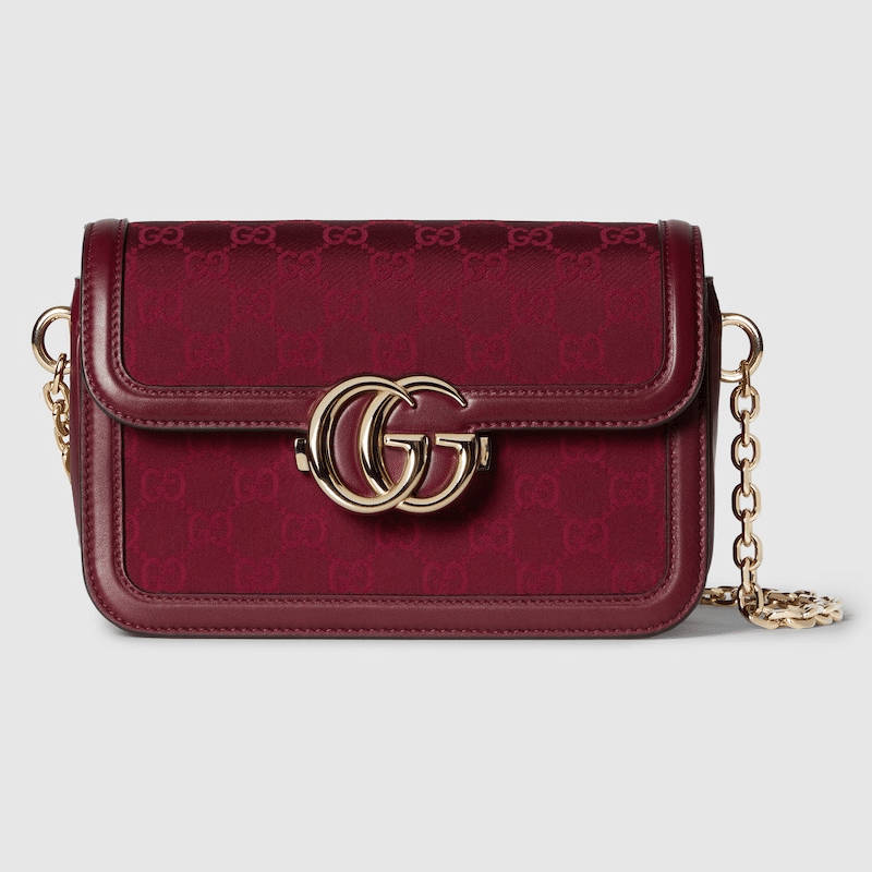 Gucci Go Small Shoulder Bag in Rosso Ancora red GG canvas with matching leather trim, gold-toned hardware, and a detachable mirror.