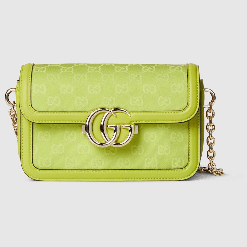 Gucci Go Small Shoulder Bag in Bright Green GG canvas with gold-toned hardware, a detachable mirror, and an adjustable strap for versatile styling.