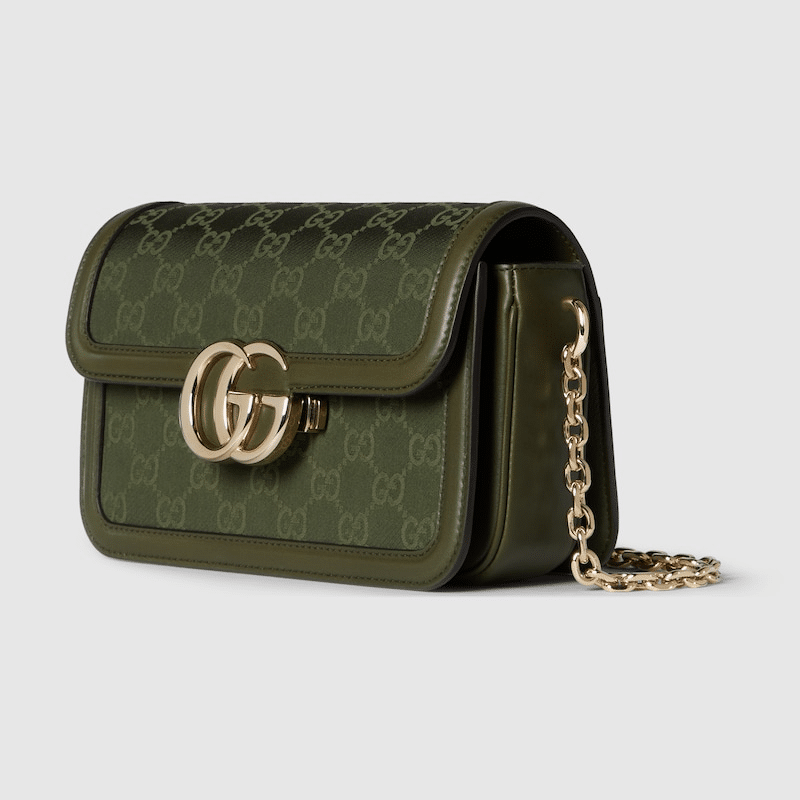 Gucci Go Small Shoulder Bag in forest green GG canvas with dark green leather trim, gold-toned hardware, and a detachable mirror.
