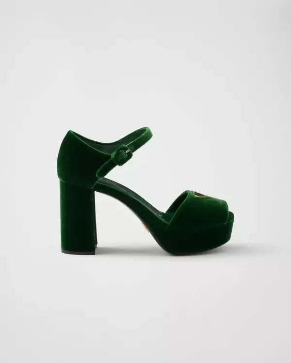 Prada Velvet Platform Sandals - Laurel Green