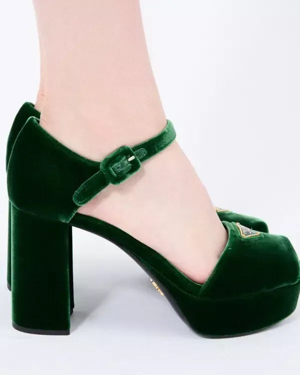 Prada Velvet Platform Sandals - Laurel Green