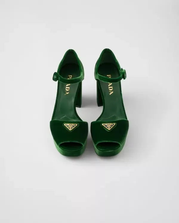 Prada Velvet Platform Sandals - Laurel Green