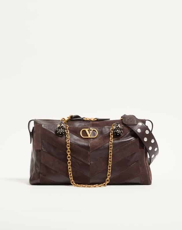 Valentino Garavani Panthea Medium Shoulder Bag In Suede And Nappa With Chevron Motif