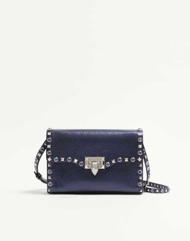 Valentino Garavani Rockstud Small Shoulder Bag In Laminated Calfskin With Cabochon Stones