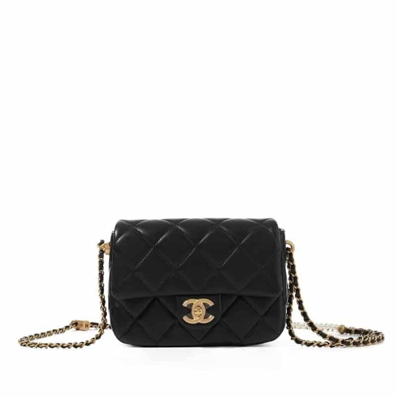 Black Quilted Lambskin Flap Bag Pearl Crush Gold Hardware