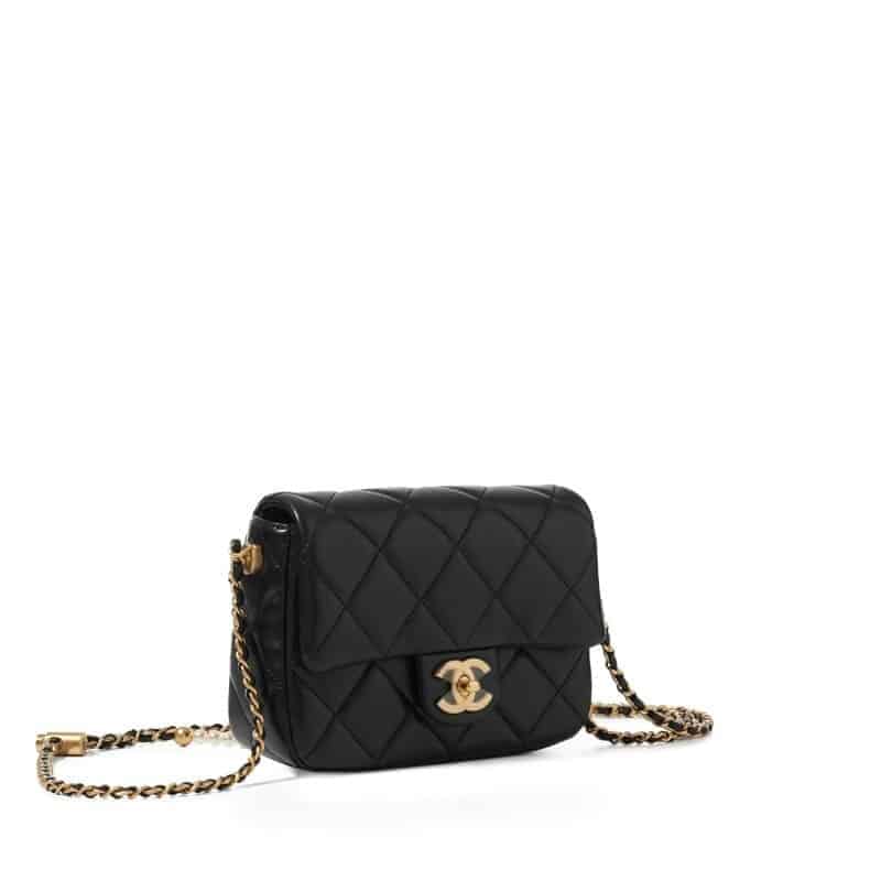 Black Quilted Lambskin Flap Bag Pearl Crush Gold Hardware