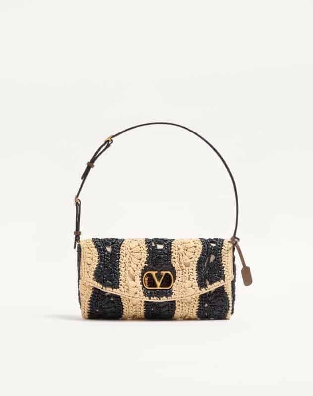 Valentino Garavani Devain Small Shoulder Bag In Raffia With Wave Pattern