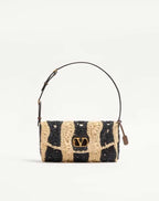 Valentino Garavani Devain Small Shoulder Bag In Raffia With Wave Pattern
