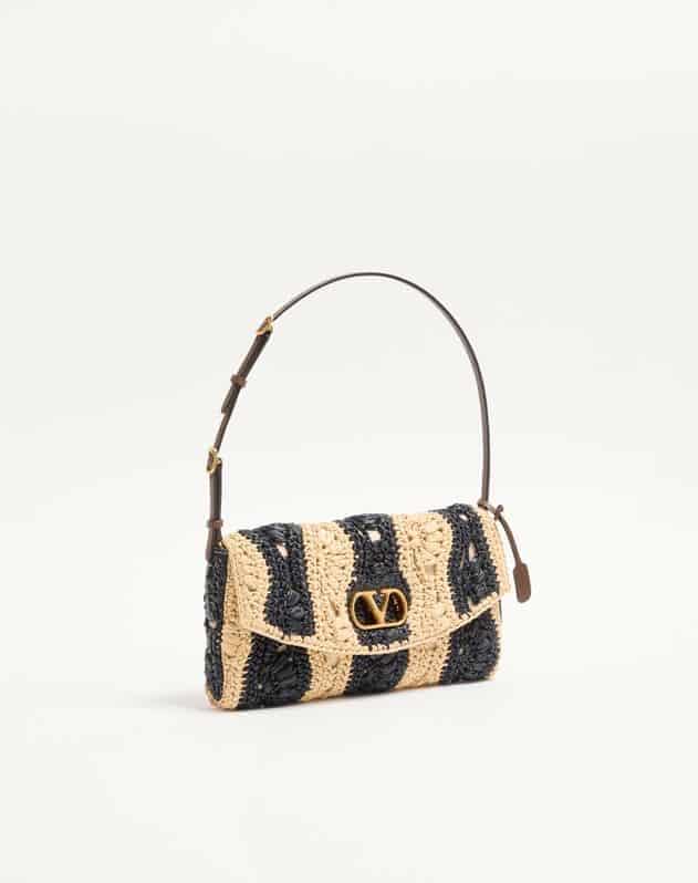 Valentino Garavani Devain Small Shoulder Bag In Raffia With Wave Pattern