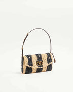 Valentino Garavani Devain Small Shoulder Bag In Raffia With Wave Pattern