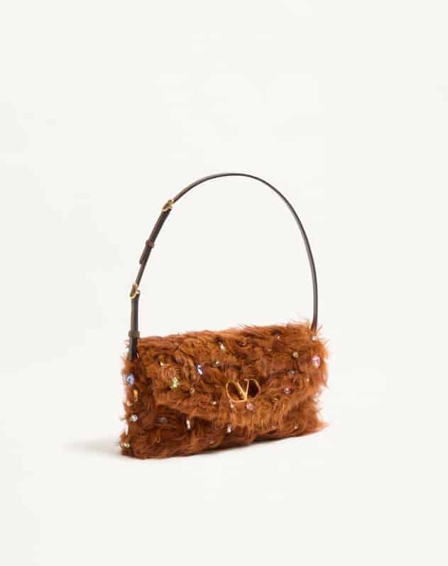 Valentino Garavani Devain Small Shoulder Bag In Lamb Fur With Rhinestones.