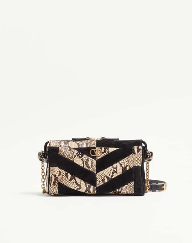 Valentino Garavani Panthea Small Shoulder Bag In Python And Suede With A Chevron Pattern