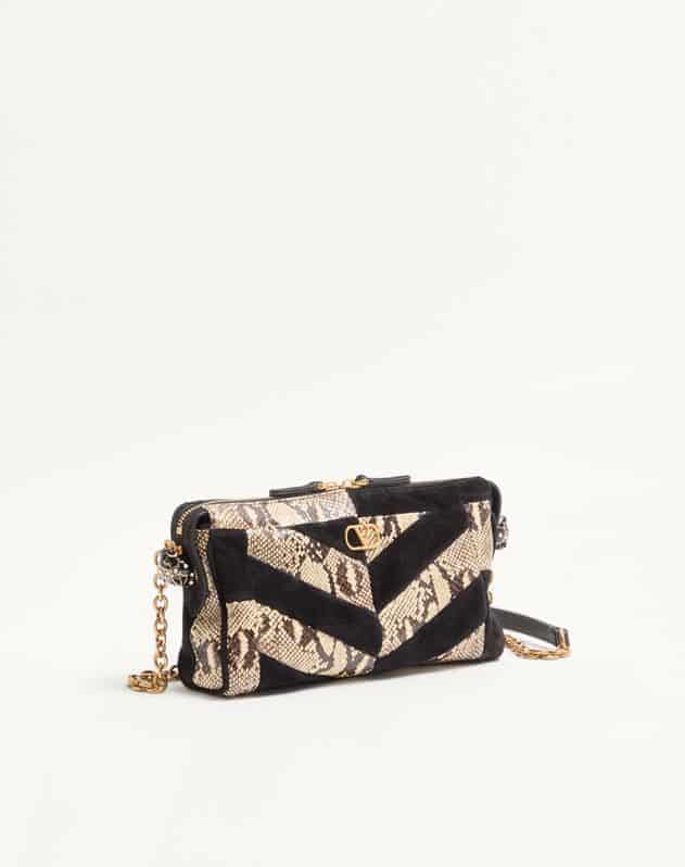 Valentino Garavani Panthea Small Shoulder Bag In Python And Suede With A Chevron Pattern