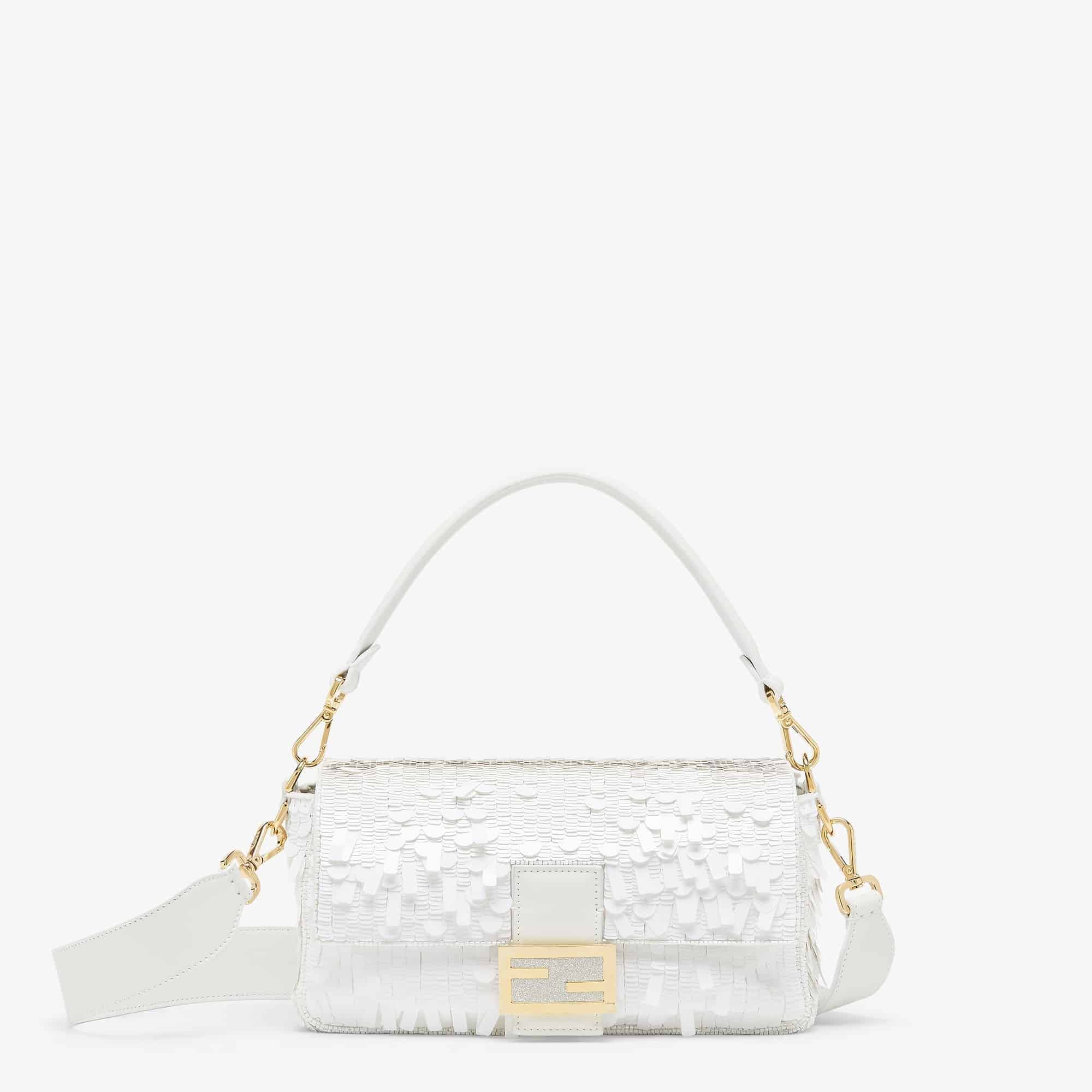 FENDI Iconic Medium Baguette Bag – White Metallic Sequin Embroidery