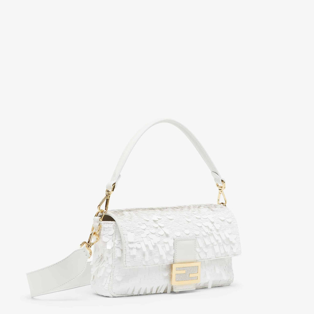 FENDI Iconic Medium Baguette Bag – White Metallic Sequin Embroidery