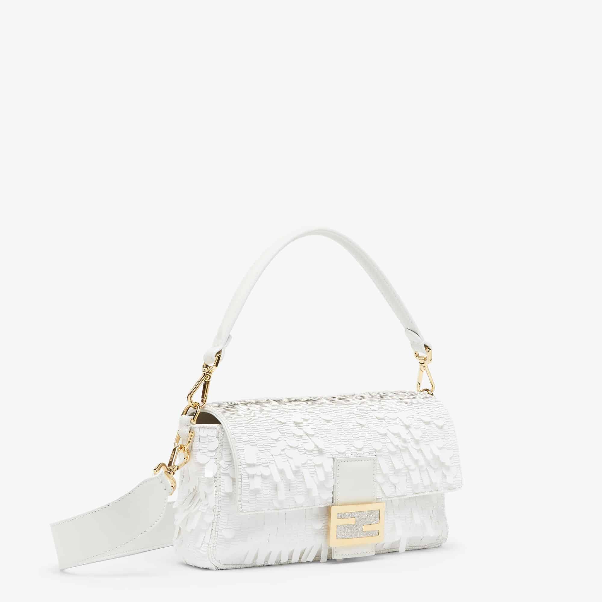 FENDI Iconic Medium Baguette Bag – White Metallic Sequin Embroidery