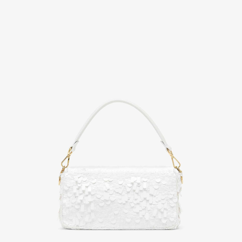 FENDI Iconic Medium Baguette Bag – White Metallic Sequin Embroidery