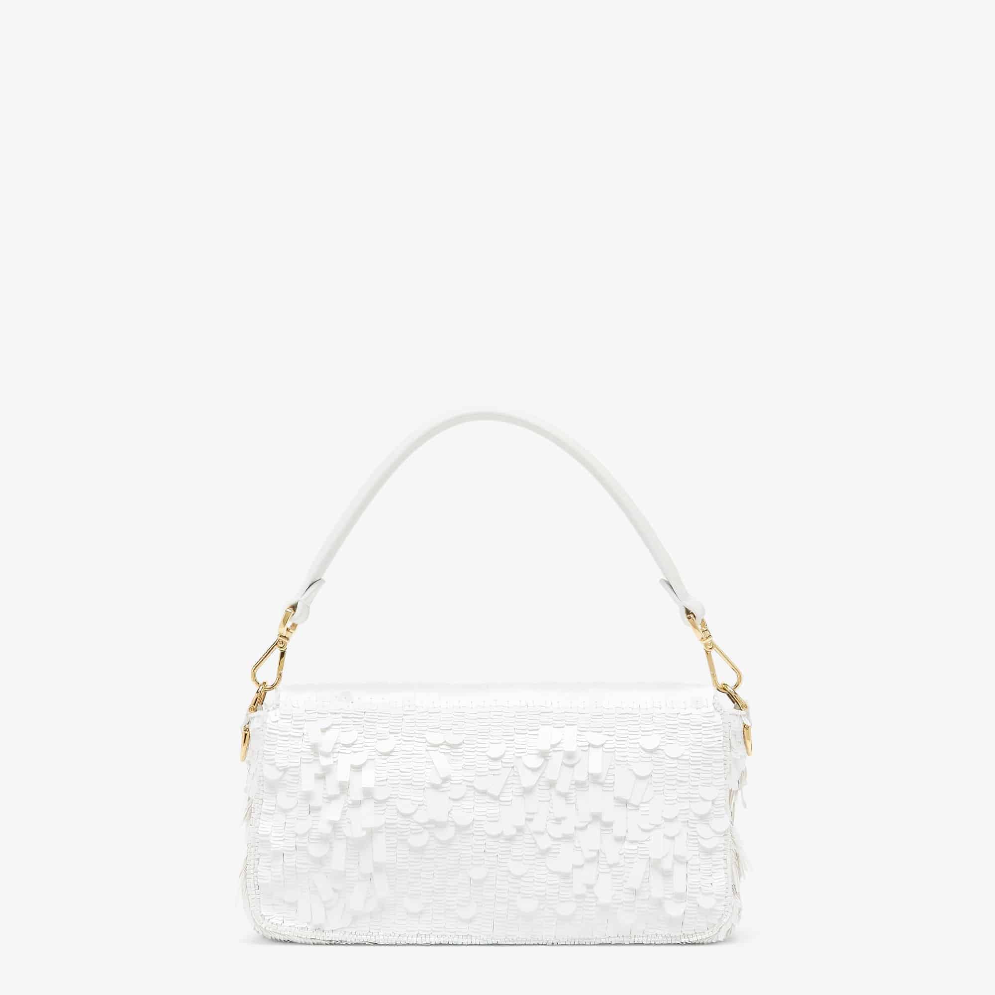 FENDI Iconic Medium Baguette Bag – White Metallic Sequin Embroidery