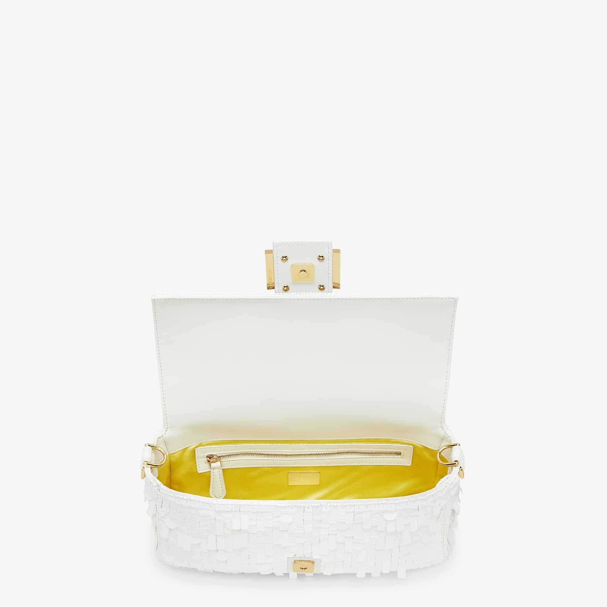 FENDI Iconic Medium Baguette Bag – White Metallic Sequin Embroidery