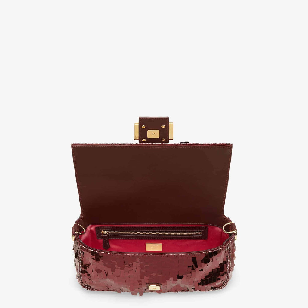 FENDI Iconic Medium Baguette Bag – Burgundy Metallic Sequin