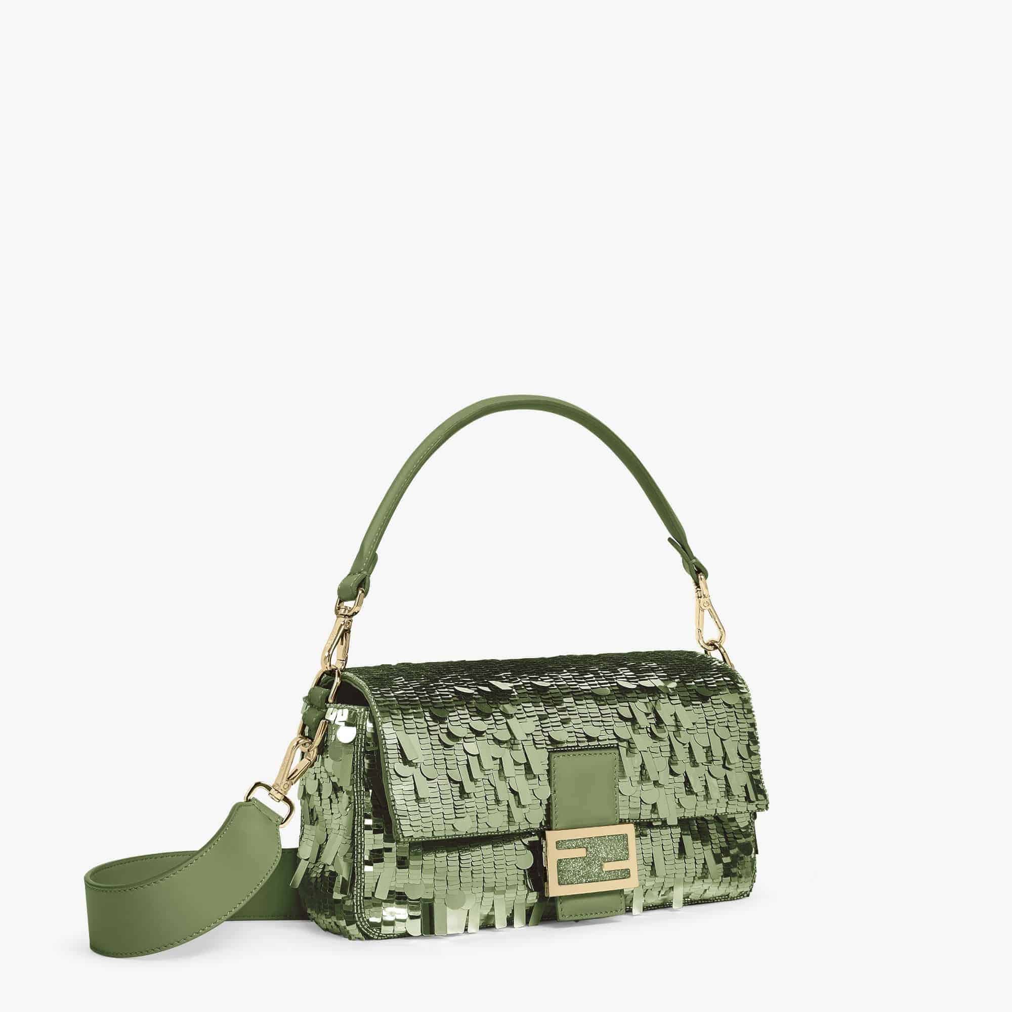 FENDI Iconic Medium Baguette Bag – Green Sequin Embroidery