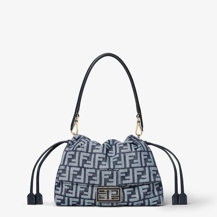 Mamma Baguette Medium Dark blue denim-effect FF jacquard bag
