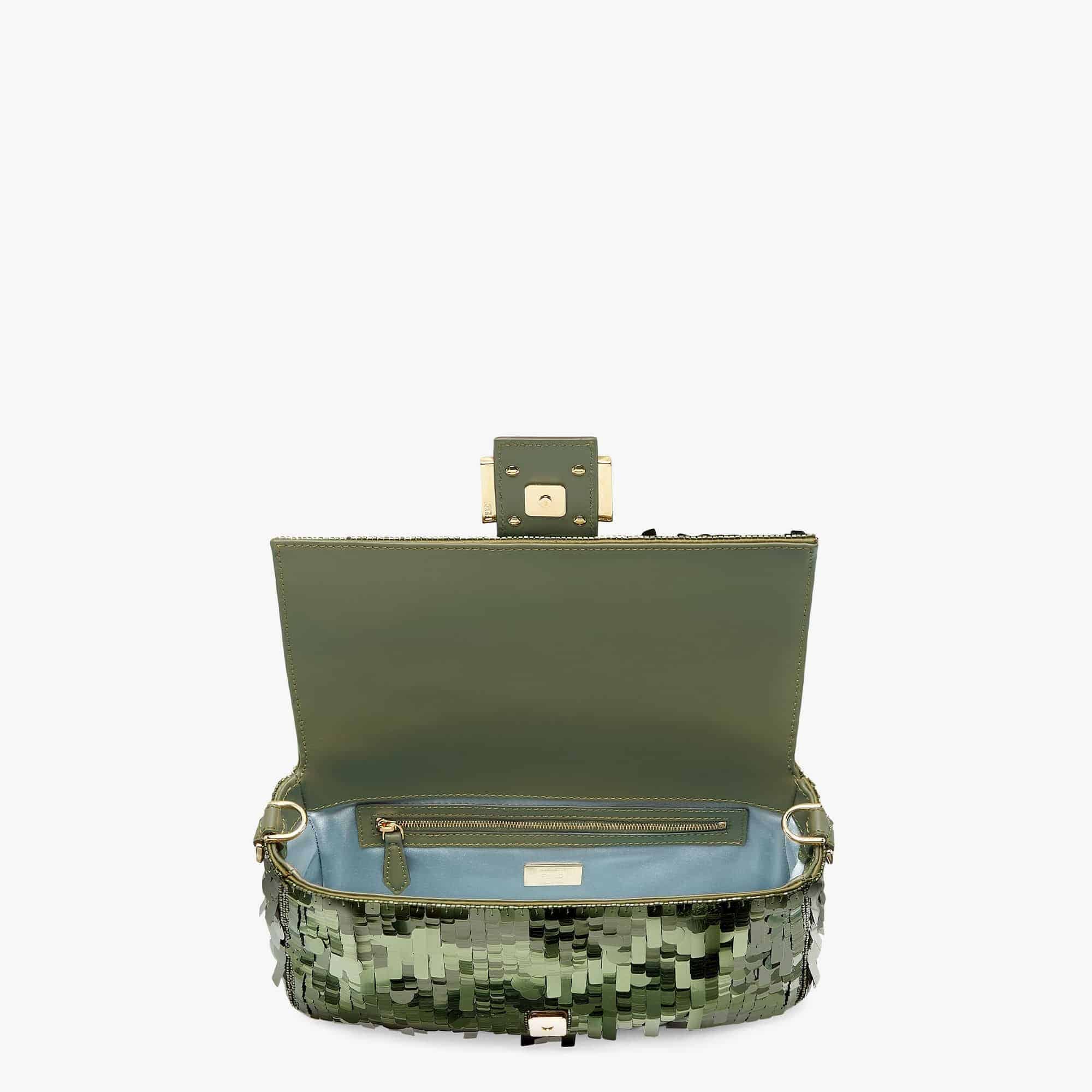 FENDI Iconic Medium Baguette Bag – Green Sequin Embroidery