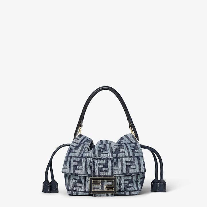 Mamma Baguette Small Dark blue denim-effect FF jacquard mini-bag
