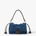 Mamma Baguette Medium Blue flocked FF denim bag
