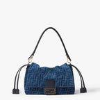 Mamma Baguette Medium Blue flocked FF denim bag