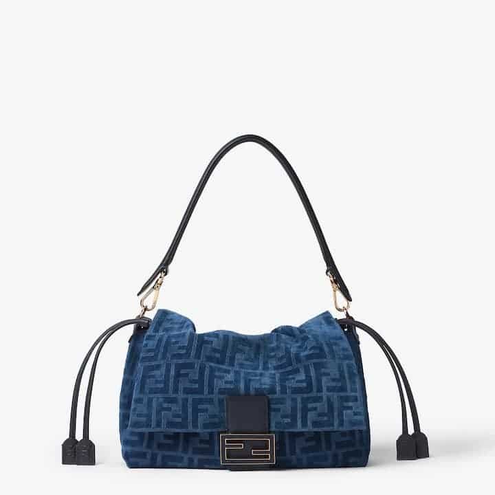 Mamma Baguette Medium Blue flocked FF denim bag