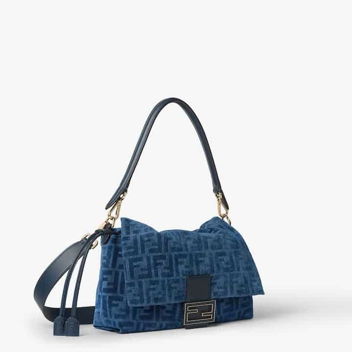 Mamma Baguette Medium Blue flocked FF denim bag