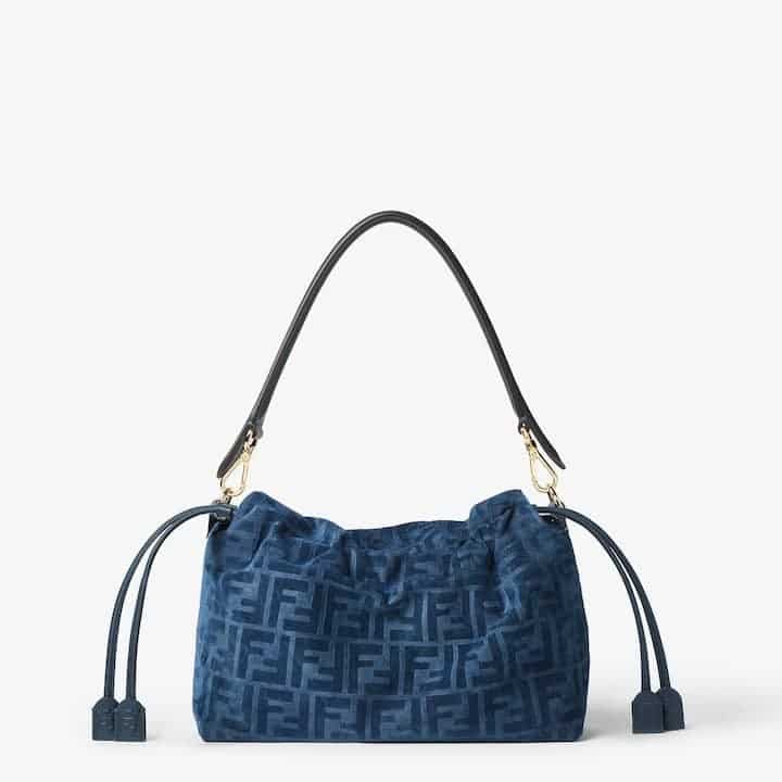 Mamma Baguette Medium Blue flocked FF denim bag